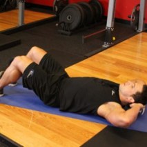 Position 1 - Lay flat on the floor with your knees bent. Feet should be flat with both heal and toe touching the floor. Hands should be at the side of your head. Take a deep breath, you will exhale as you come up. (Do not hold your breath)